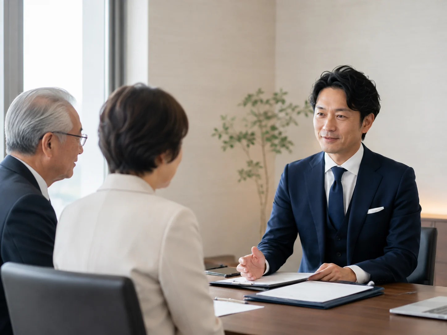 経営者と後継者が専門家に事業承継について相談するイメージ